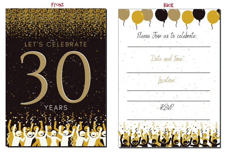 Elcer 30th Birthday Party Invitations | 30 Years celebration | Happy Anniversary | 5 x 7 | Black & Gold | Fill In Style 20 Count with Envelopes | You're Invited | Surprise Party - Image 2